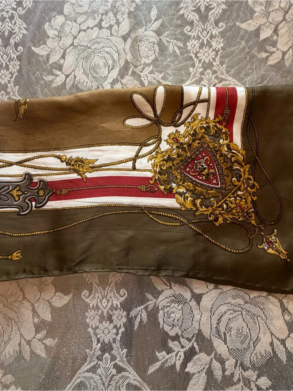 Vintage Olive Crown & Swords Decorative Silk Scarf